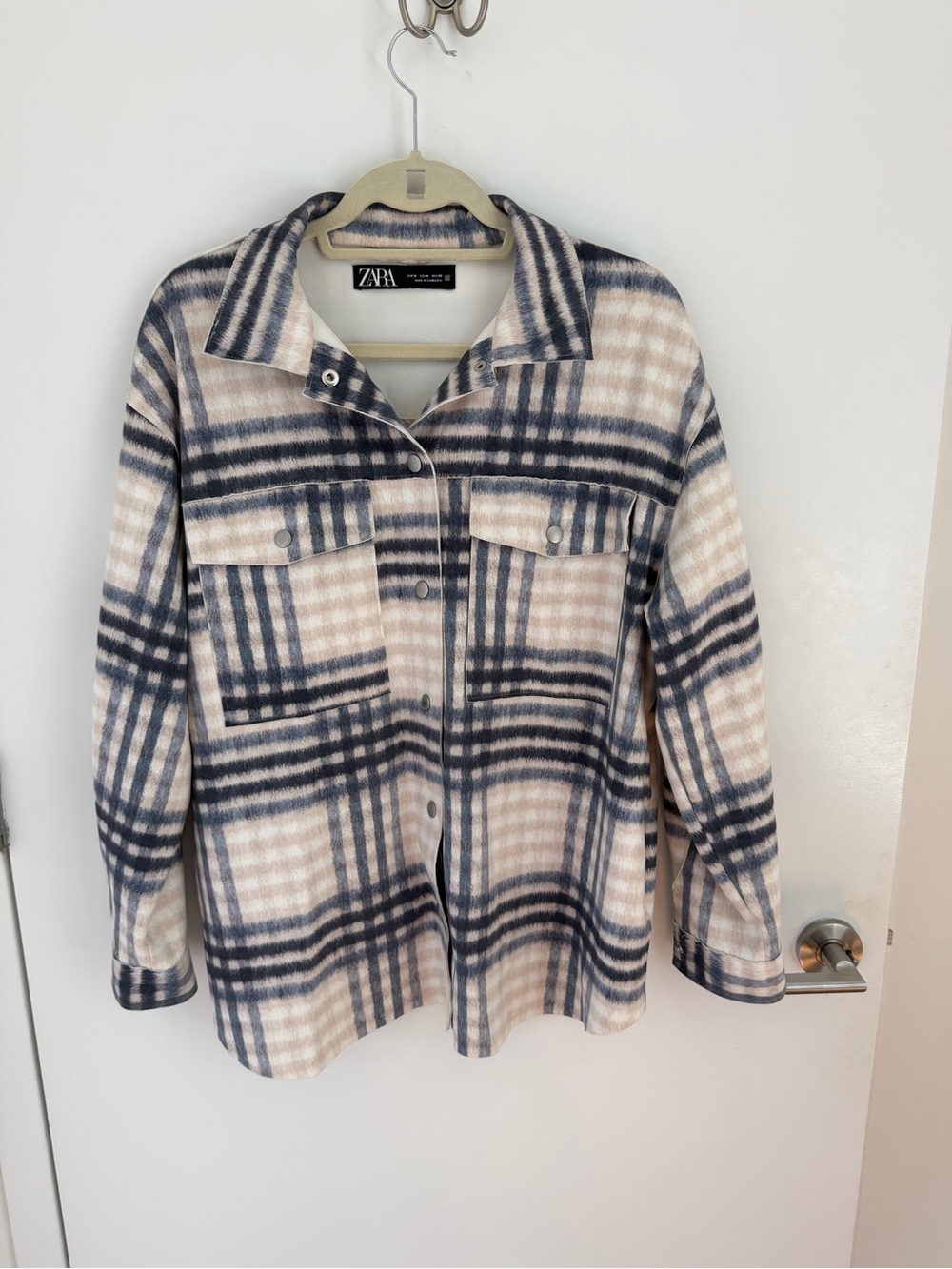 Zara Beige & Navy Plaid Utility Shacket